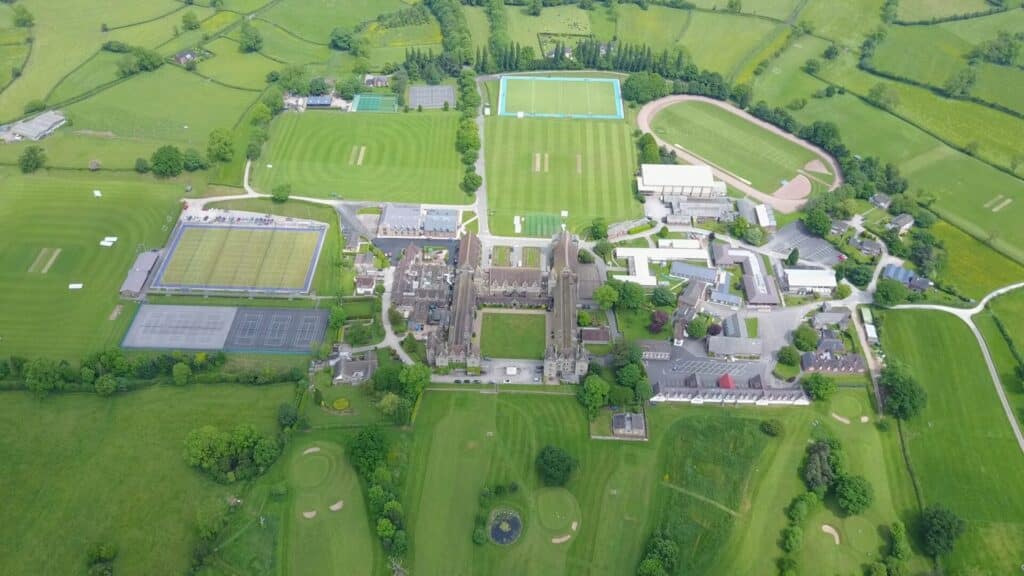 Aerial view of Denstone College sports grounds and cricket pitches