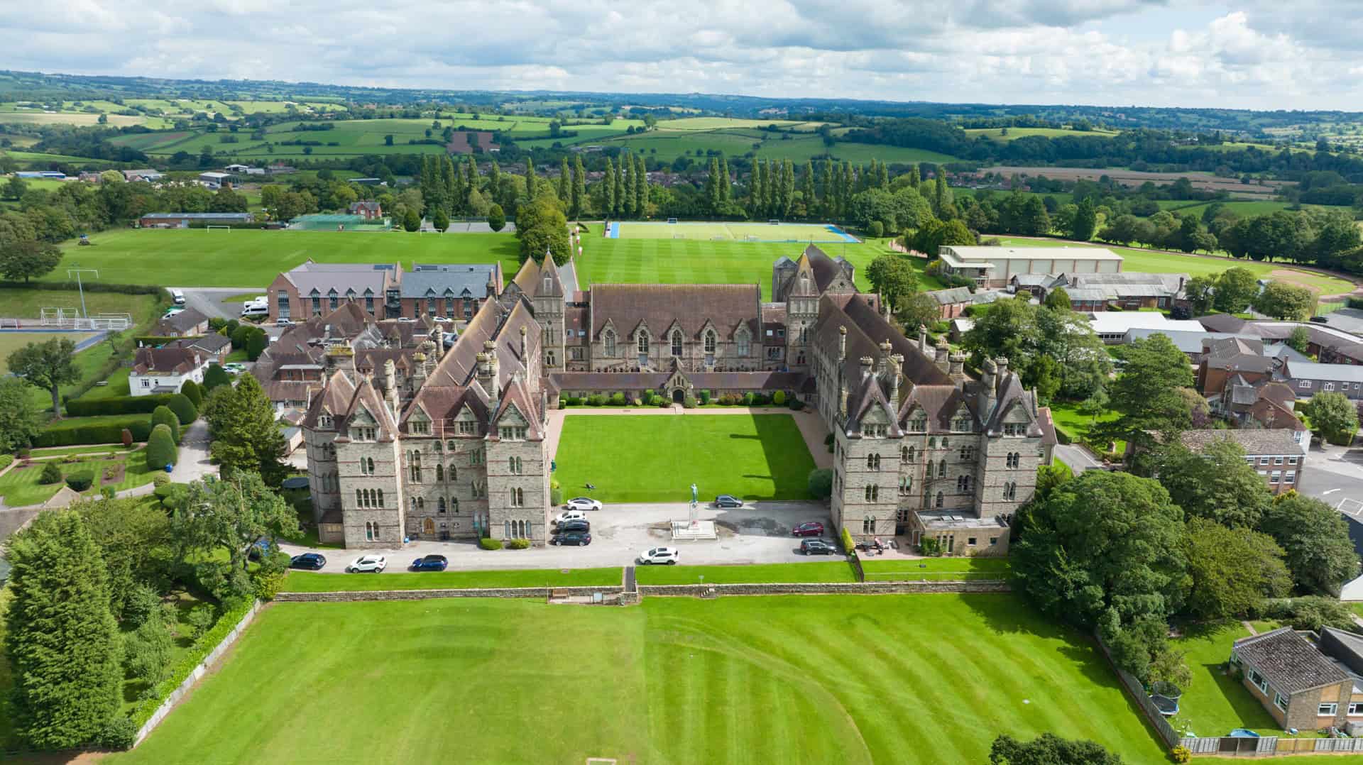 Aerial view of Denstone College and its surrounding playing fields